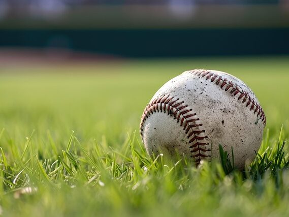 芝生に野球ボールが置いてある画像