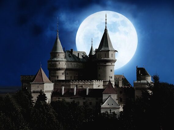 お城と満月の画像